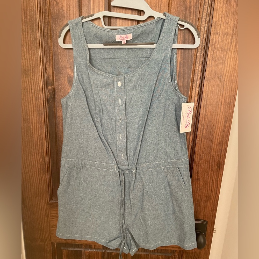 Pink lily chambray romper. Carry me away romper